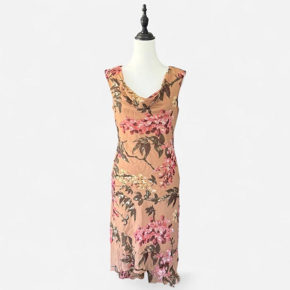 Connected Apparel Vintage 90s Y2K Tan Floral Beaded Cowl Neck Midi Dress Medium